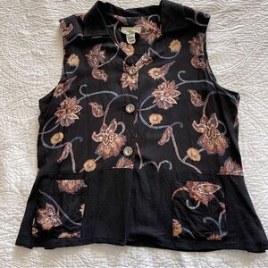 Vintage Kendall Creek Connections Black Floral Sleeveless Collared Blouse XL